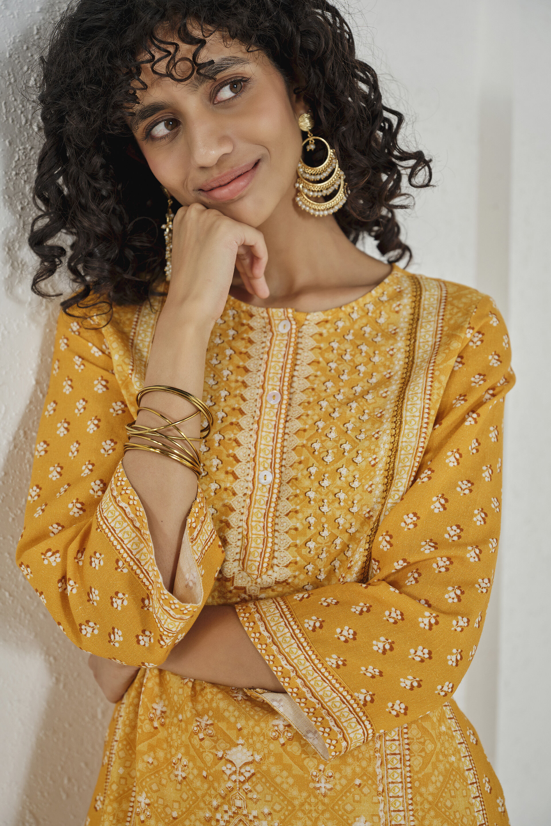 Deep Yellow Printed Kurta, Mustard, image 2
